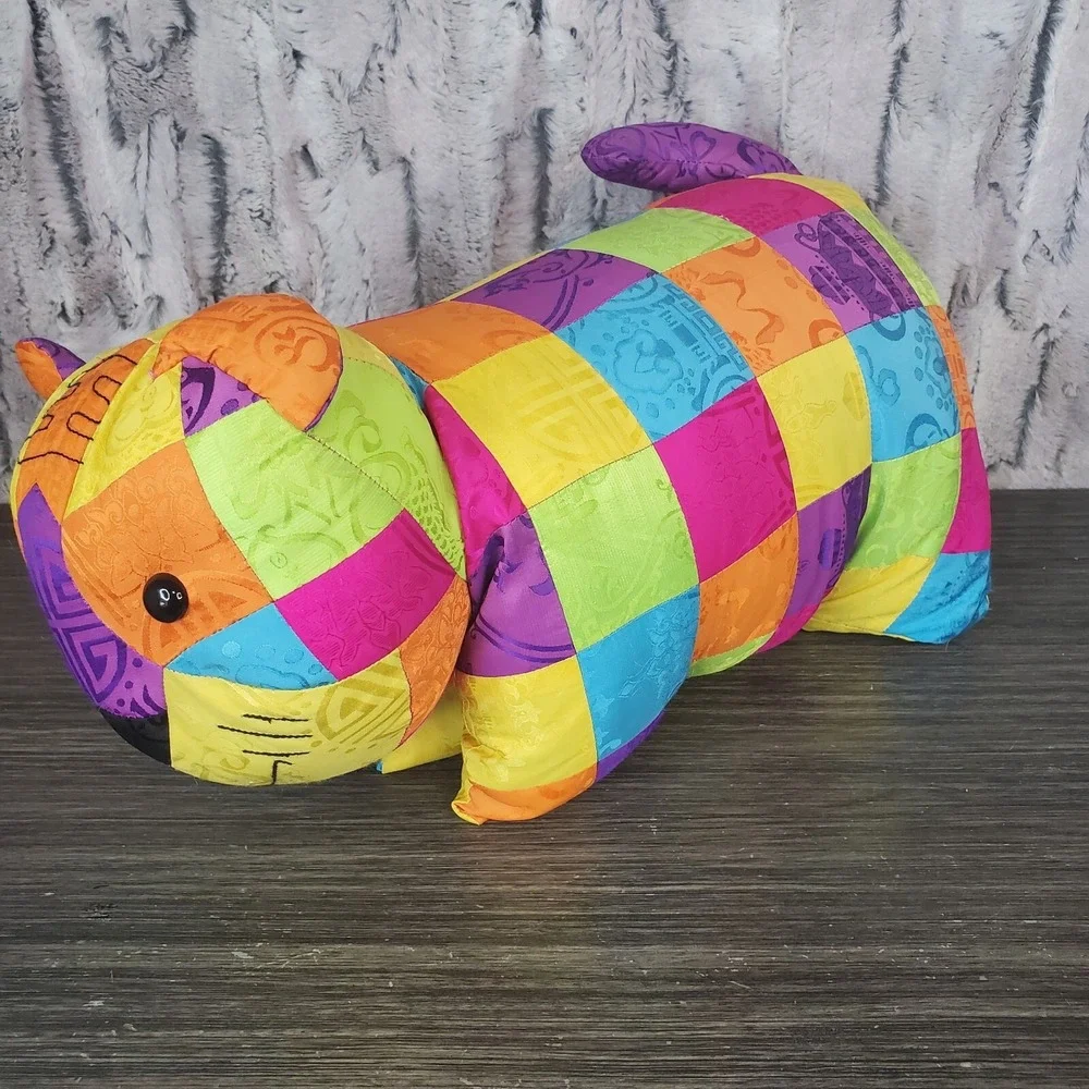 Quilted Asian Nylon‎ Brocade Cat Pillow With Plush Kitty Head PATCHWORK BRIGHT
